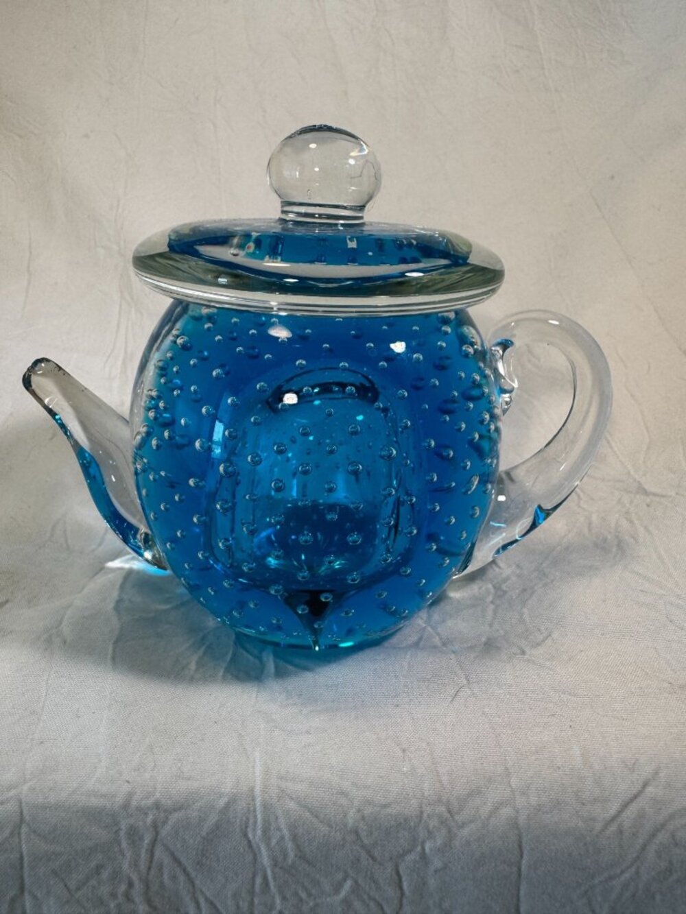 Vintage Kanawha Teapot Hand Blown Controlled Bubble Paperweight Bright Blue